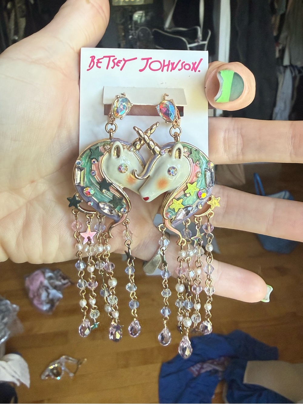 NWT Betsey Johnson Unicorn Fringe Chandelier Earrings